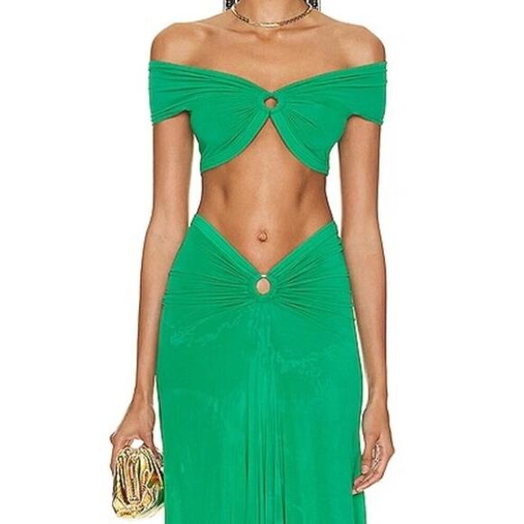 Paco Rabanne Green Ruched Off The Shoulder Crop Top in Emeraude - Picture 1 of 13